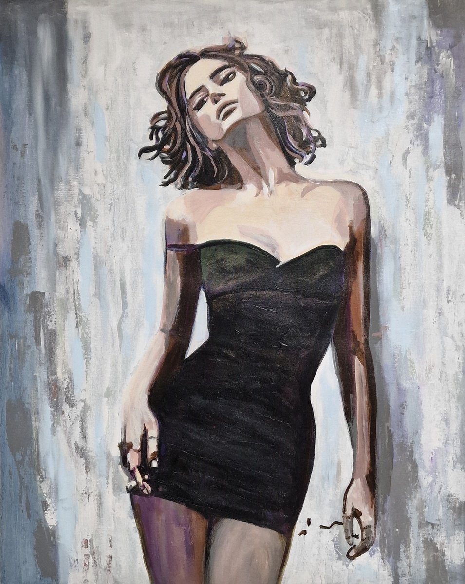 Urban And Pop Portrait Acrylic Painting By Alexandra Djokic, 25 X 33, Lady In Black Dress, Original Artwork