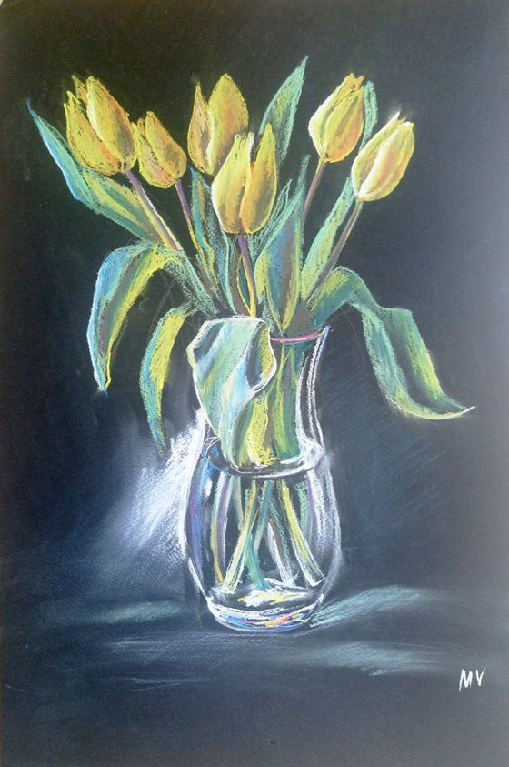 Yellow tulips. - original soft pastel drawing.