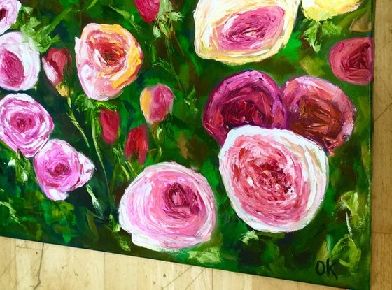 WHITE PINK YELLOW PURPLE  ROSES IN A GREENWICH GARDEN palette knife modern still life  flowers office home decor gift