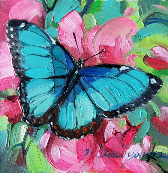 Butterfly and flowers art painting original oil framed, Blue Morpho butterfly small artwork, Butterfly gifts for women