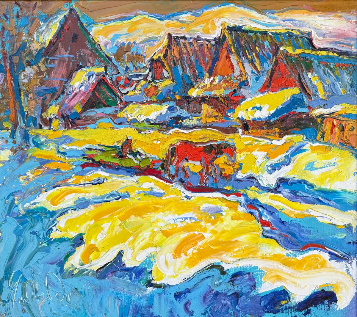 Impressionistic Landscape Oil Painting By Andrii Chebotaru, 35 X 31, Winter Zakarpattia, Original Artwork