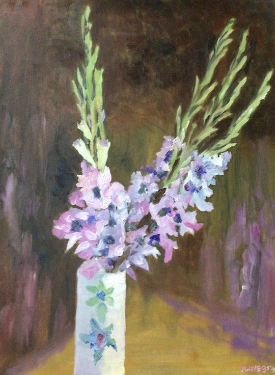 Gladioli in a porcelain vase, an original oil painting.