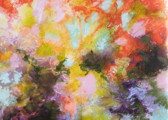 The red mimosas, Japanese evocation - energy abstract floral spring blossoms red mauve violet vibrant impressionistic oil painting ready to hang Fauve Nabis color