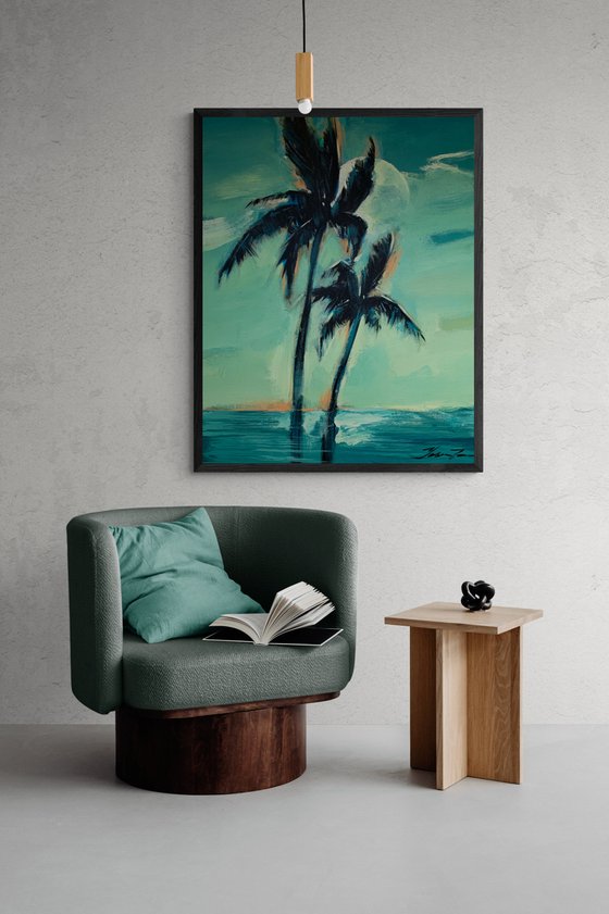 Expressionist painting - "Green day" - Pop Art - palms and sea - night seascape - 2022