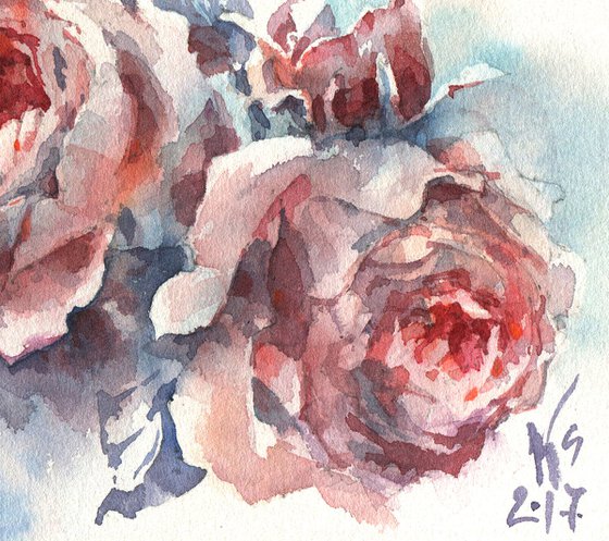"Romantic composition with blooming English roses" original watercolor sketch small format
