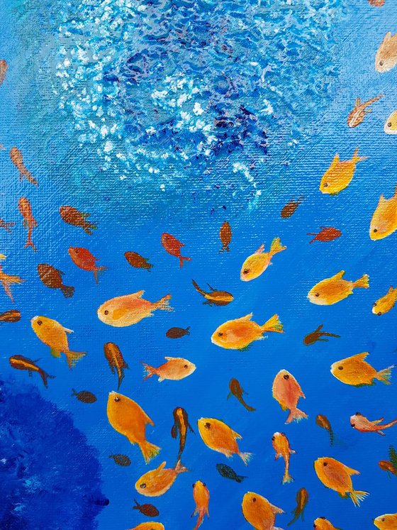 Somewhere beyond the sea - underwater seascape on stretched canvas, ready to hang, unique frothing technique, 40x50cm