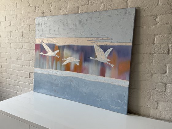 "Three birds". Original oil painting. Abstraction