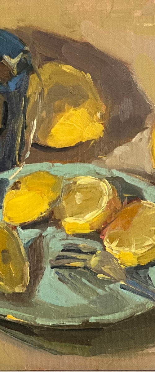 Still life Oil Painting - Lemon slices and tea by Nithya Swaminathan