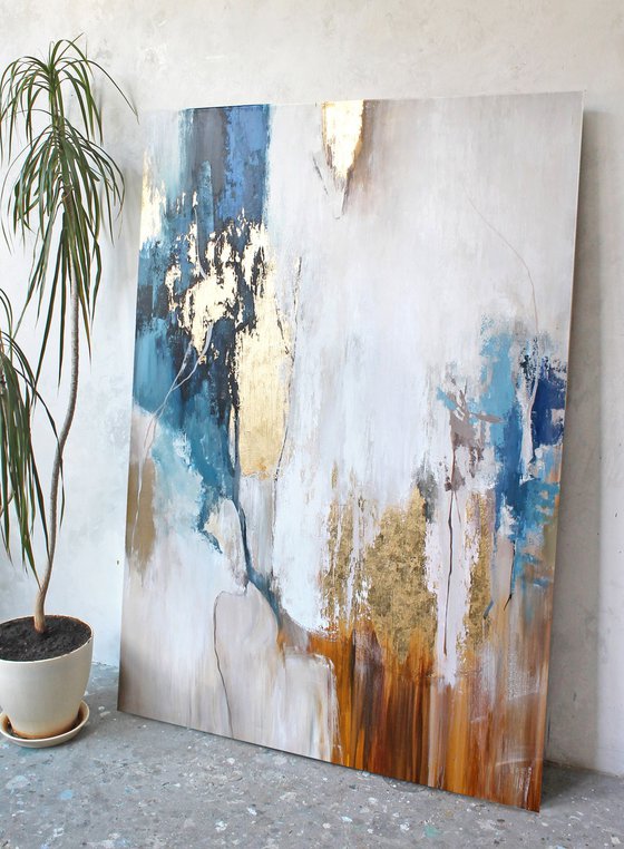 "Flow 1" Abstract blue and gold acrylic art