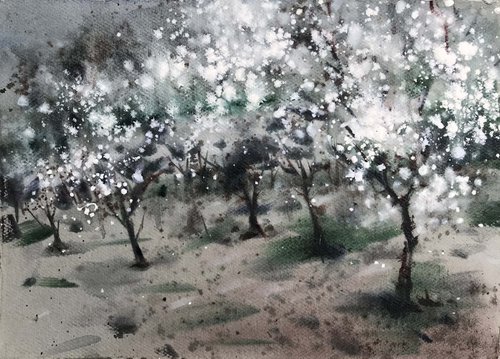 Thousands of cherry blossoms 5. One of a kind, original painting, handmade work, gift, watercolour art. by Galina Poloz