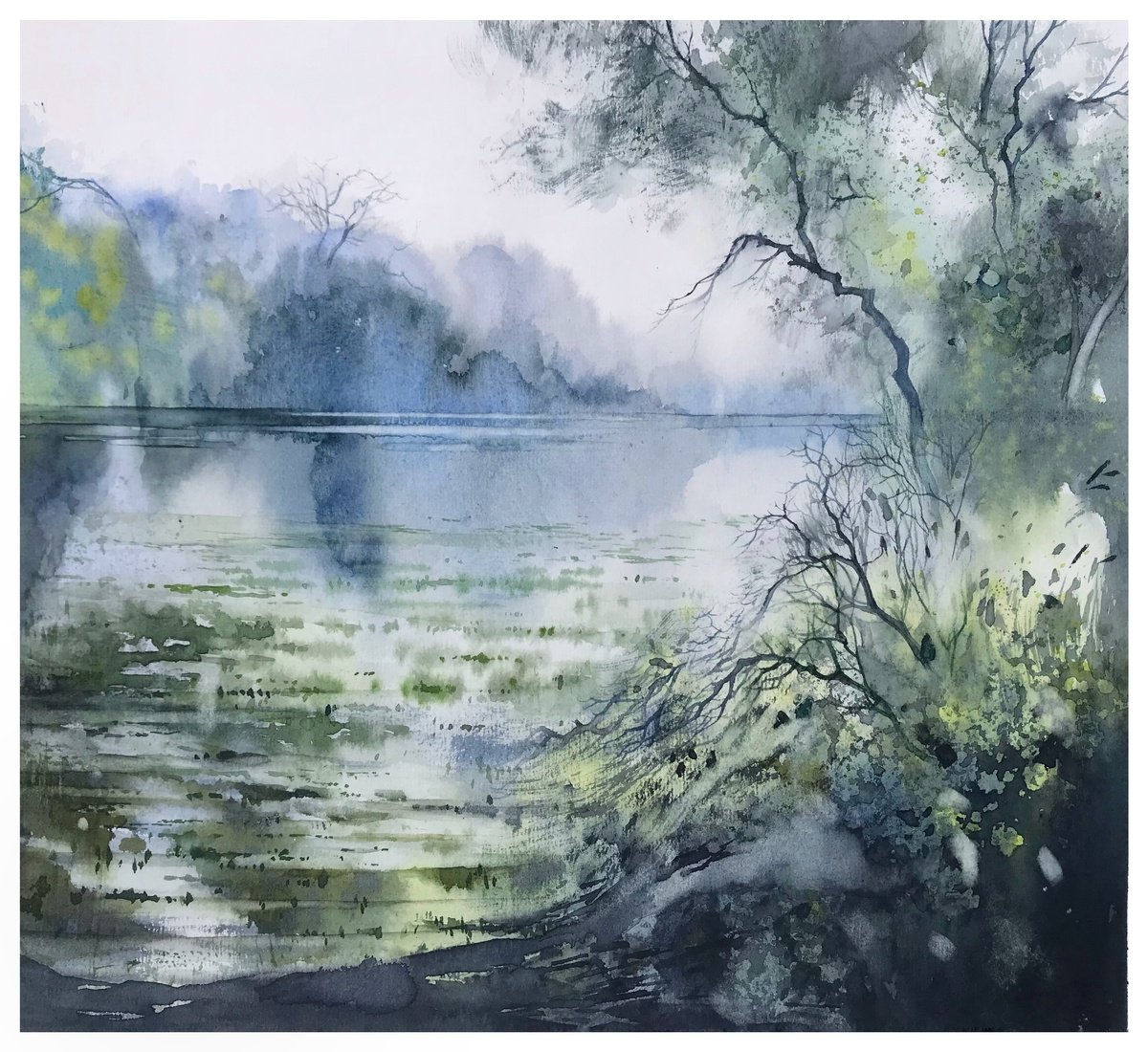 Impressionistic Landscape Watercolour By Nazar Grunyka, 13 X 12", Pond, Original Artwork