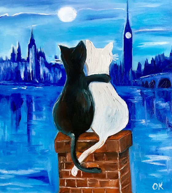 Cats in London. Mystic  night in London, Parliament.