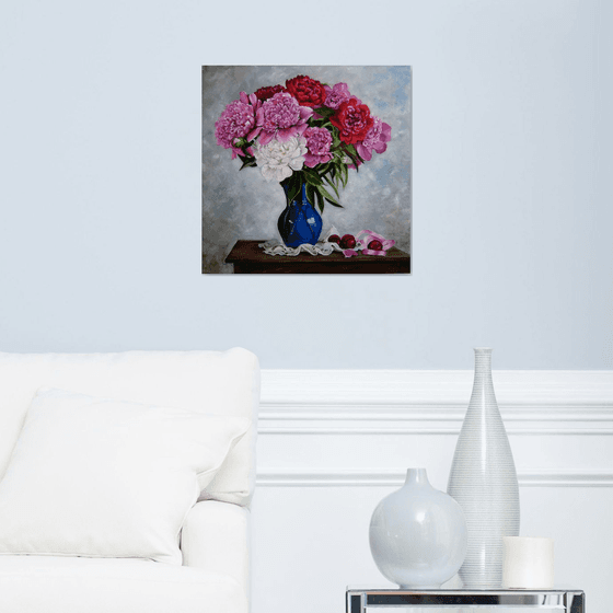 Peonies in Blue Vase
