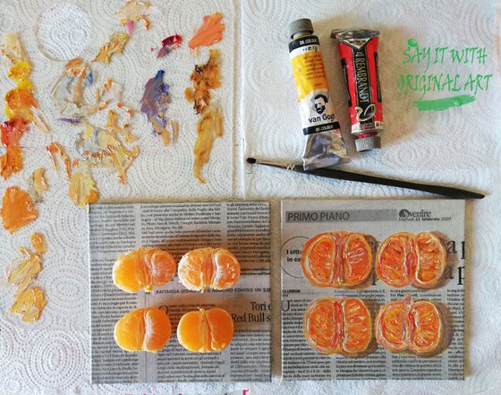 "Mandarine Halves on Newspaper" Original Oil on Canvas Board Painting 6 by 6 inches (15x15 cm)