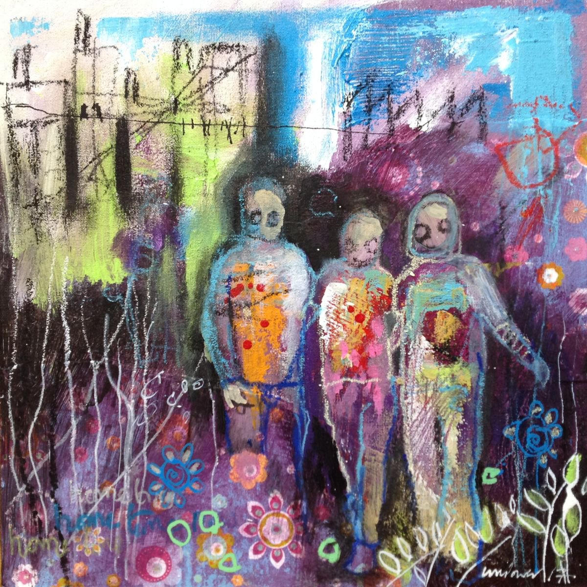Hometime Now - 8 x 8 mixed media on board by Luci Power
