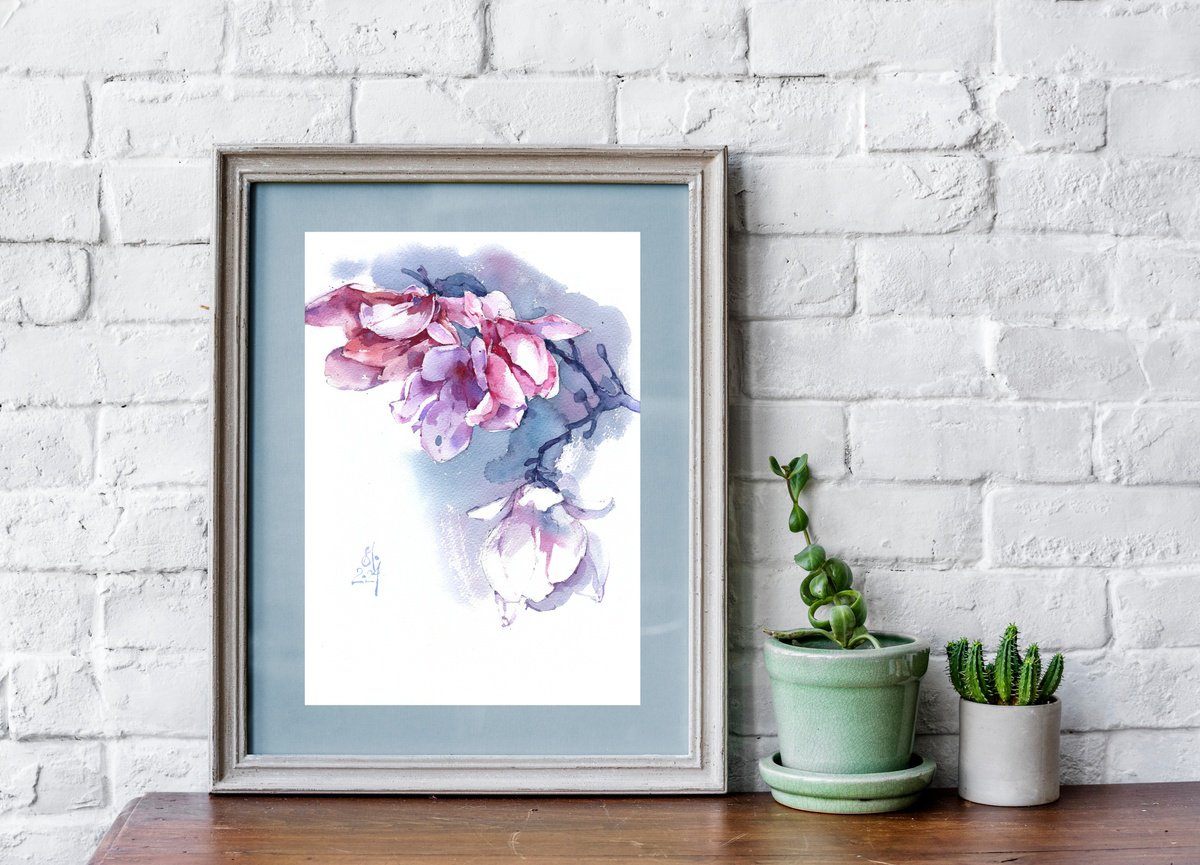 Impressionistic Botanical Watercolour By Ksenia Selianko, 8 X 12", "Melody Of Pink Magnolias" V.3, Original Artwork
