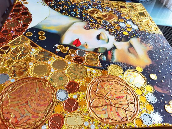 Love original painting. Golden decorative artwork with gold leaf. Gift for woman \ wife