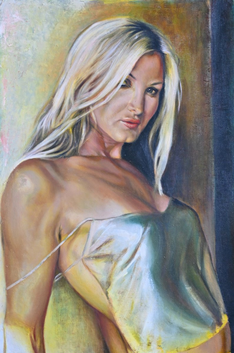 Photorealistic Portrait Oil Painting By Michael Juniper, 20 X 30", Caprice Yellow, Original Artwork