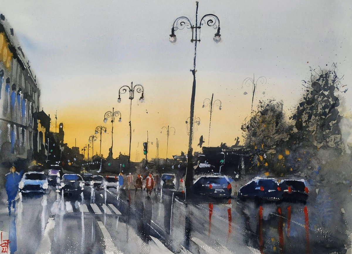 Impressionistic Cityscapes Watercolour By Flavio Furlan, 30 X 22, Urban Landscape, Original Artwork