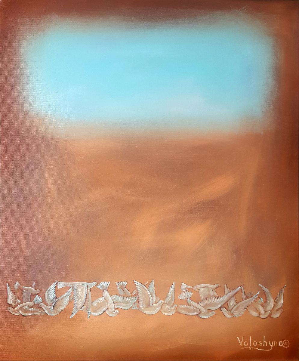 Abstract Oil Painting By Mary Voloshyna, 20 X 24", Birds Under The Sky, Original Artwork