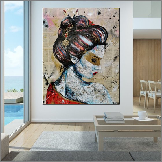 Red Kimono Golden 120cm x 150cm Geisha Book Page Urban Pop Art