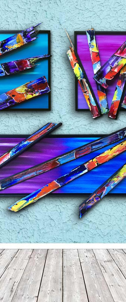 "Broke And Beautiful" - SPECIAL PRICE - Original Triptych PMS Mixed Media Sculptural Paintings On Canvas and Wood, Framed -  45 x 46 inches by Preston M. Smith (PMS)