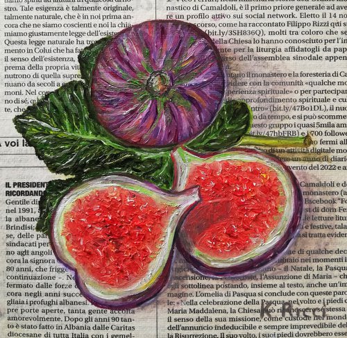 "Figs Fruit on Newspaper" Original Oil on Canvas Board Painting 6 by 6 inches (15x15 cm) by Katia Ricci