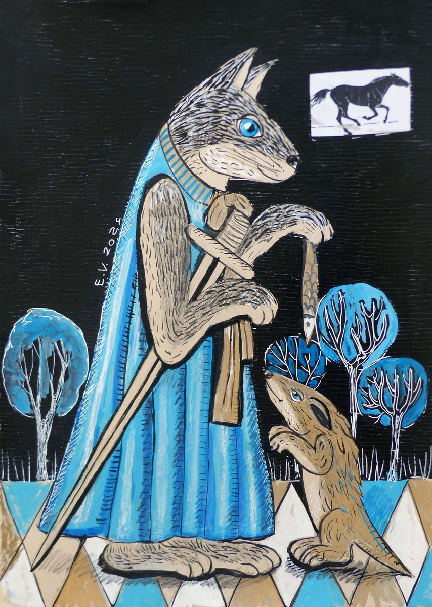 Surrealistic Animal Painting By Elizabeth Vlasova, 12 X 17, The Guardian And The Servant, Original Artwork