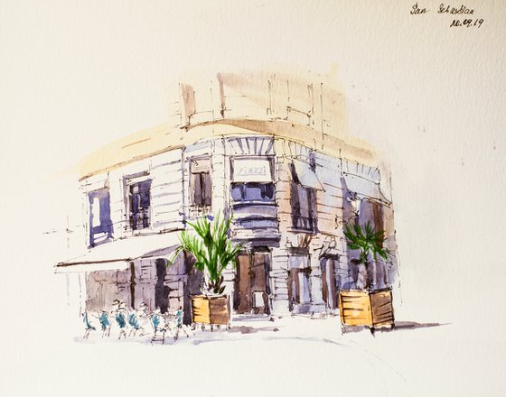 San Sebastian, Donostia. Live street sketch of street cafe. URBAN WATERCOLOR LANDSCAPE STUDY ARTWORK SMALL CITY LANDSCAPE SPAIN GIFT IDEA INTERIOR street