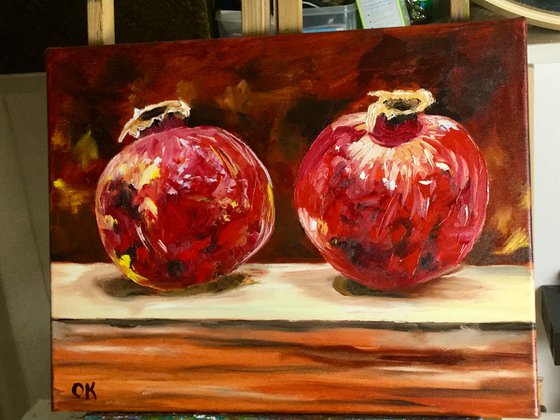 Still life with two  Pomegranates fruits still life original oil painting on canvas wall decor