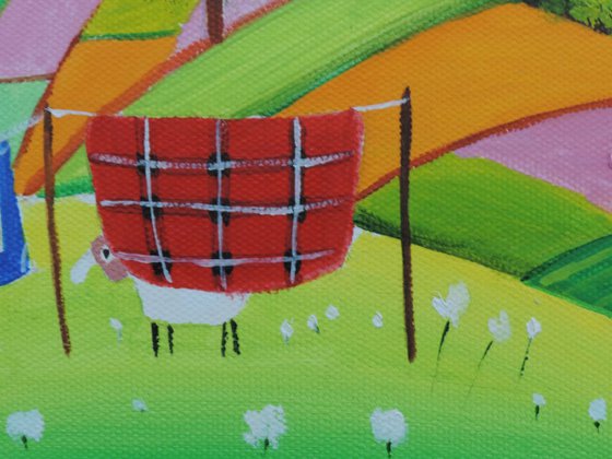 Sheep and a washing line patchwork fields 8" x 8"