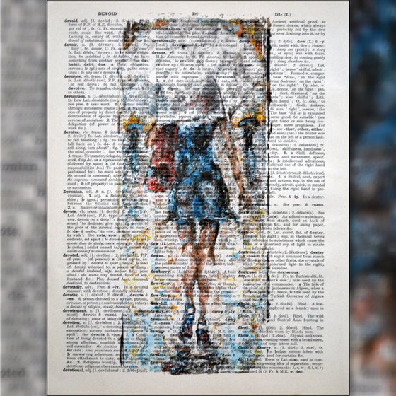 White Umbrella - Collage Art on Large Real English Dictionary Vintage Book Page