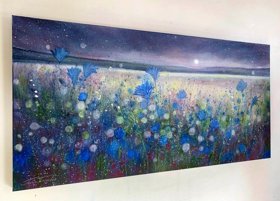 Midnight Moon Dream - Large Cornflowers & Dandelion Painting Jennifer Taylor