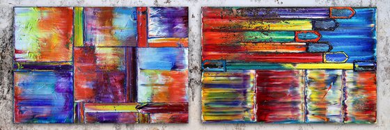 "Get It While It's Hot" - Save As A Series - Unique PMS Geometric Oil Painting Diptych On Canvas - 72" x 24"