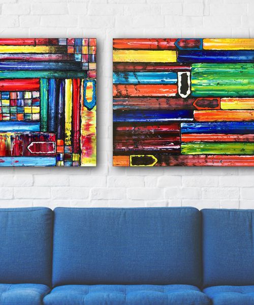 "Where Are We Now?" - Save As A Series - Original PMS Abstract Diptych Oil Paintings On Reclaimed Wood - 48" x 24" by Preston M. Smith (PMS)