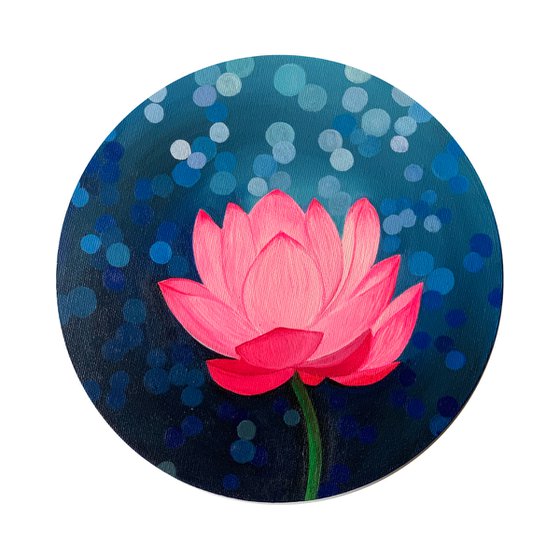 Bokeh mode Lotus! Ready to hang! Pink flower art! Blue background art