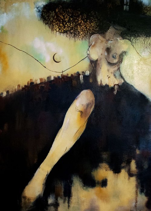 Roots of life - woman portrait , surrealistic oil on canvas by Alice Tortoroglio