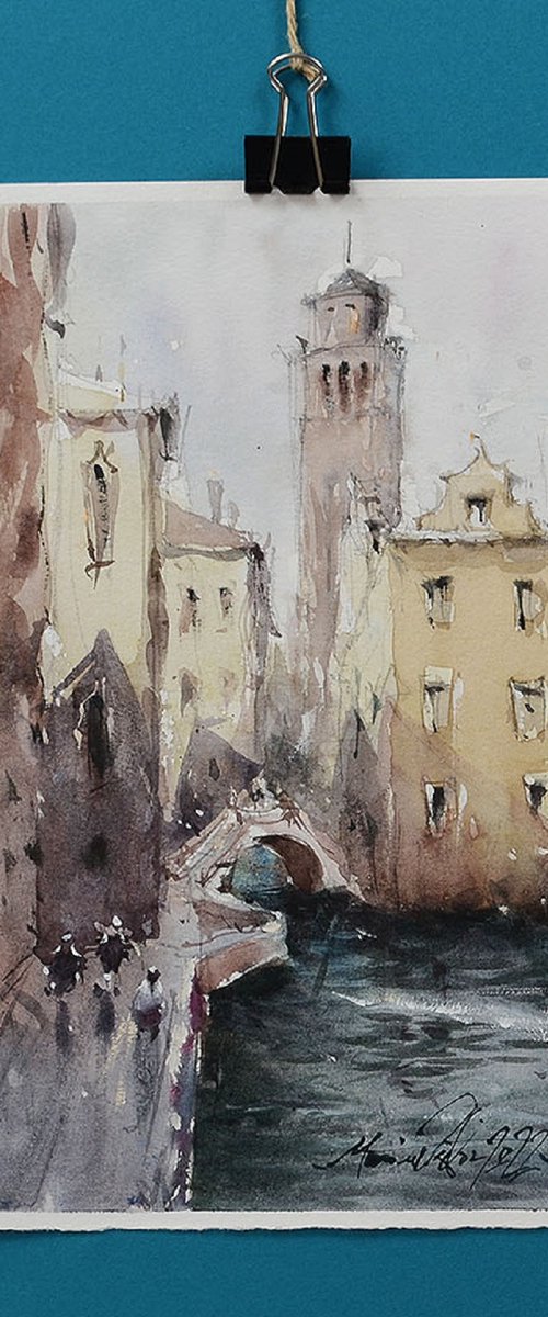 Silent Venice Landscape, Original Watercolor on Paper. by Marin Victor