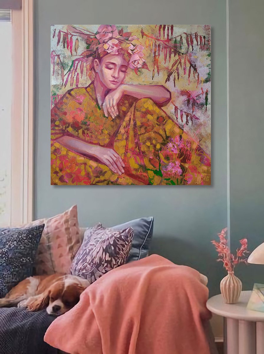 Impressionistic Portrait Oil Painting By Ekaterina Prisich, 28 X 28, Pensive Mood, Original Artwork