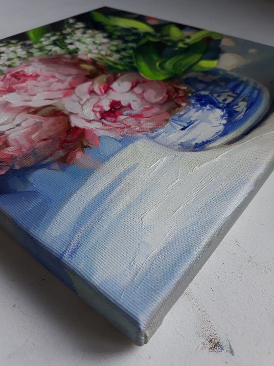 Lily of the valley and peonies flowers in the summer shine, Floral painting on canvas