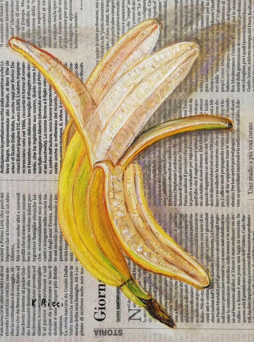 Impressionistic Still Life Oil Painting By Katia Ricci, 7 X 9", Banana On Newspaper, Original Artwork