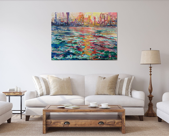 Park, water lilies sunset, 130cm x 95cm