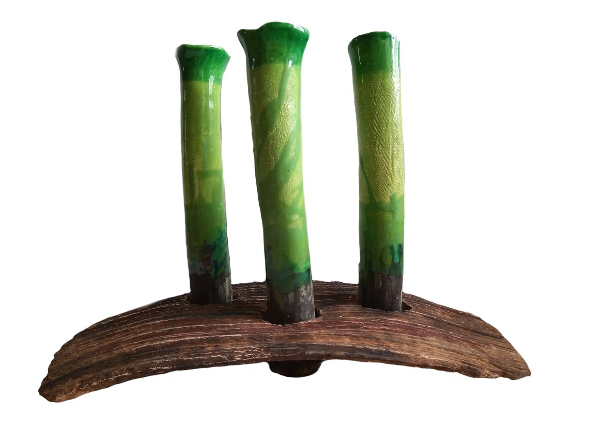 Abstract Still Life Clay Sculpture By Rossitza Trendafilova, 15 X 10", "Three In Green", Original Artwork