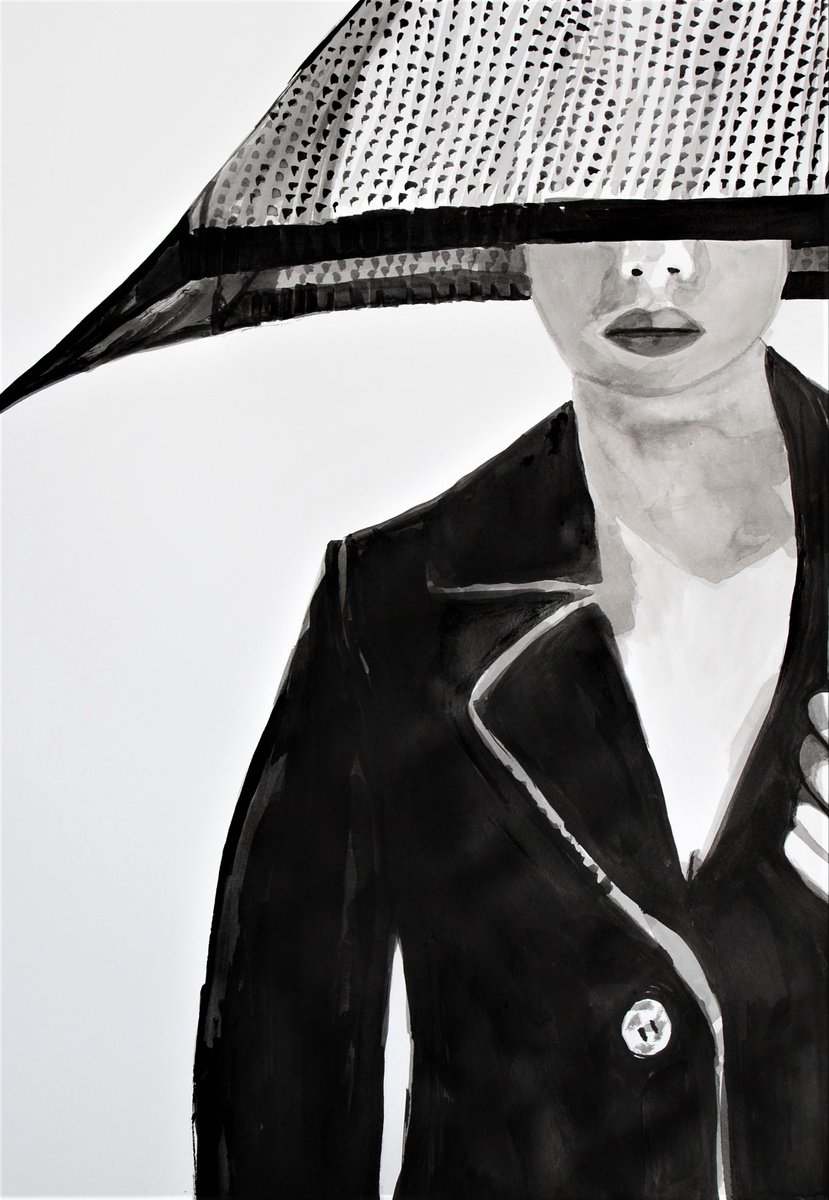 Urban And Pop Ink Drawing , Lady With Umbrella By Alexandra Djokic, 20 X 28, Artwork For Sale On Artfinder