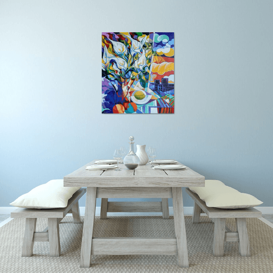 Still life with callas (80x90cm, cubism, oil painting, ready to hang)