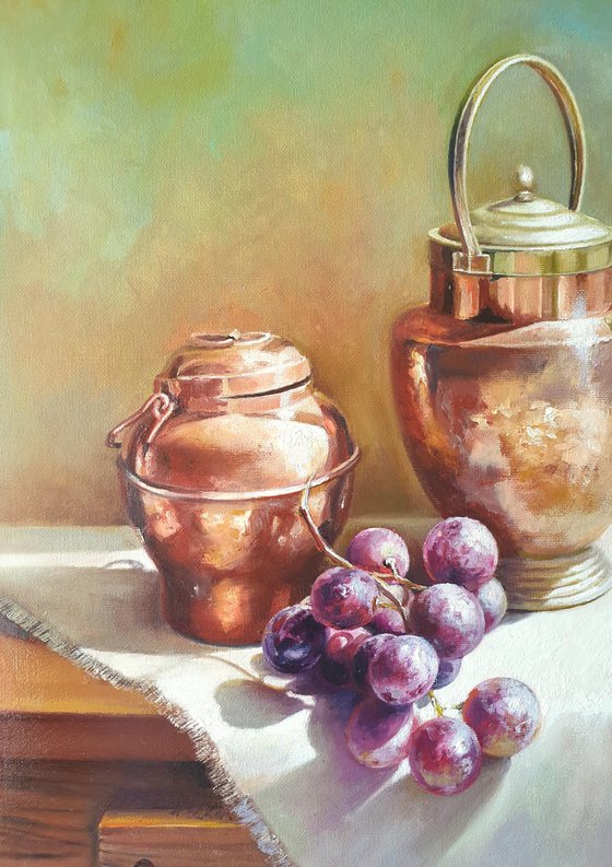 "Still life with grapes and an old exquisite  copper-brass utensil." still life grapes old brass jug summer  liGHt original painting  GIFT (2021)