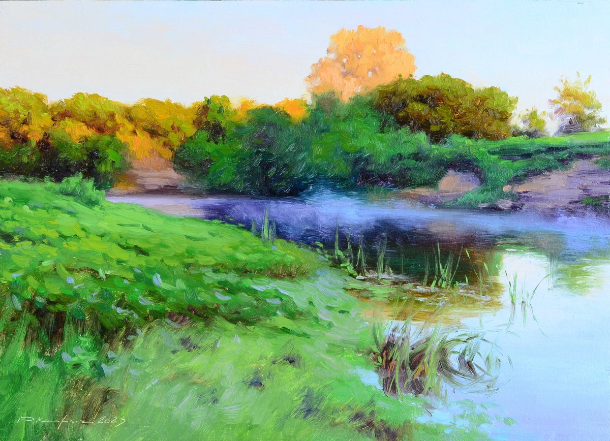 Impressionistic Landscape Oil Painting By Ruslan Kiprych, 13 X 9", Fog At Dawn, Original Artwork