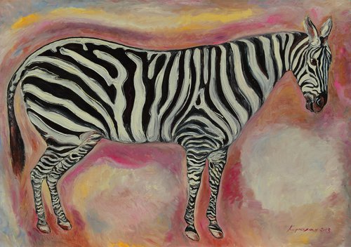 ZEBRA - animal art, black and white, large size original oil painting, flora and fauna by Karakhan