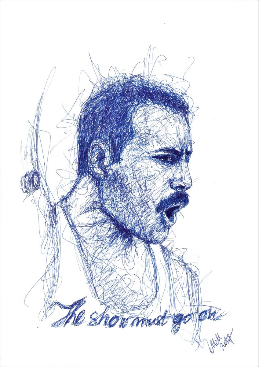 Freddie Mercury blue line portrait sketch by Mateja Marinko