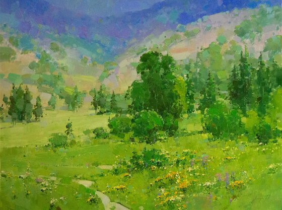 Summer Time, Landscape Original oil painting, Large Size, One of a kind Signed with Certificate of Authenticity